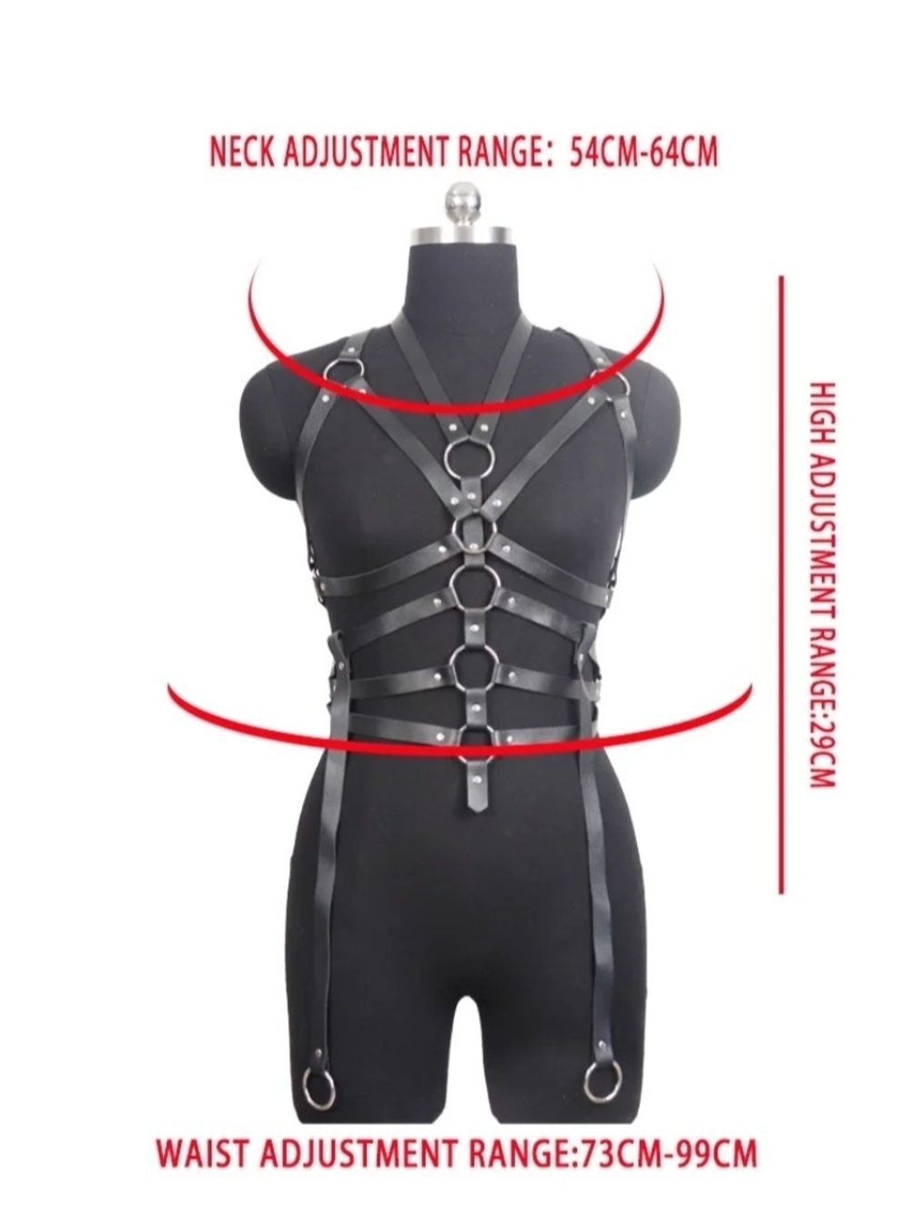 Black Faux Leather Strappy Body Harness Belt with O-Ring Accents